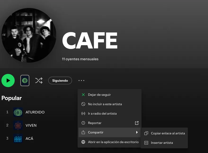 Captura de Spotify mostrando el menú Compartir y la opción Copiar enlace al artista